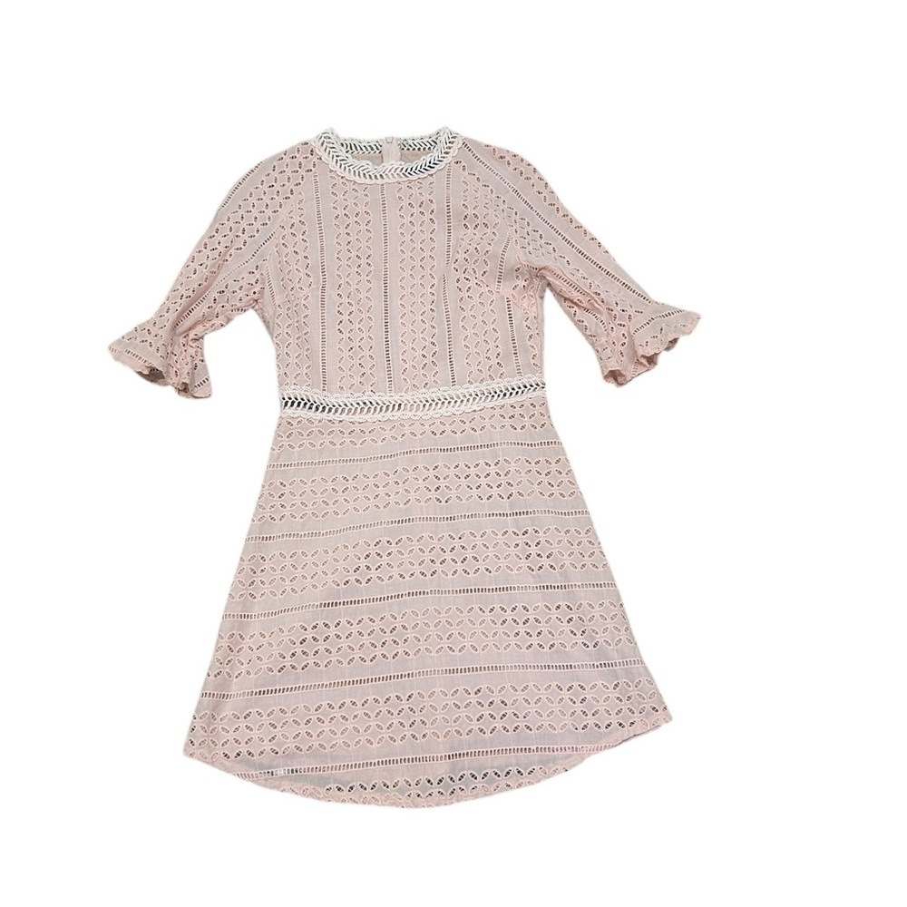 Simplee Apparel Blush peach Lace Eyelet Mini Dress fit & flare lined size medium - Picture 5 of 11